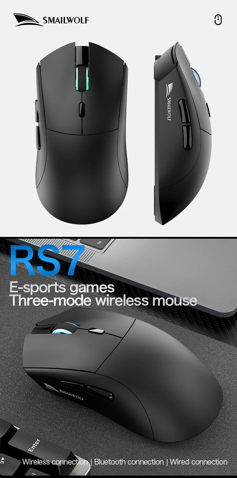 Souris gaming sans fil RS7 – Bluetooth, rechargeable et haute précision