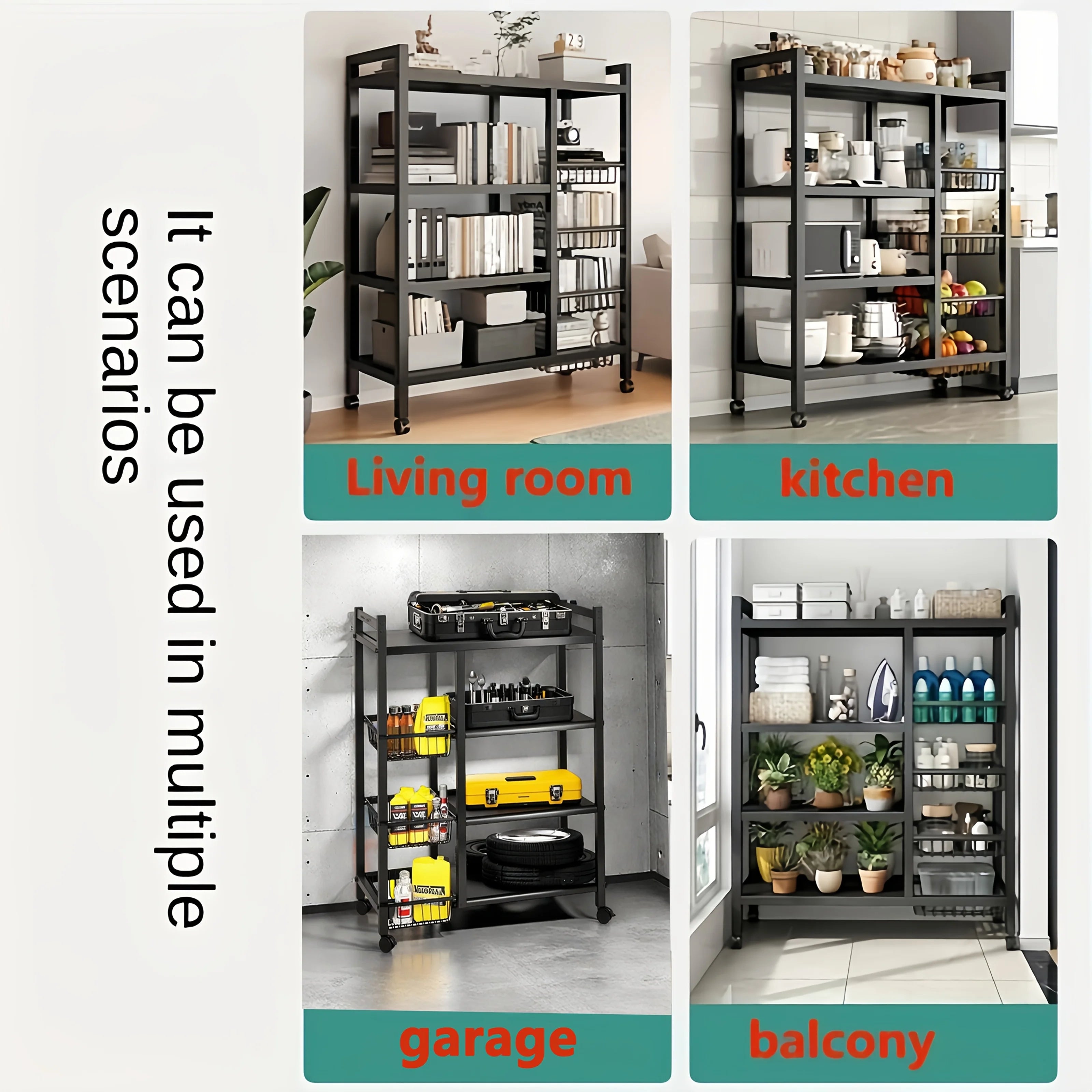 Étagère de rangement mobile 4 niveaux avec 3 paniers – Cuisine et maison