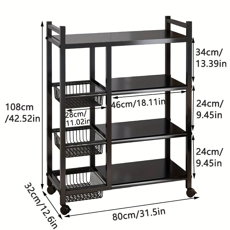Étagère de rangement mobile 4 niveaux avec 3 paniers – Cuisine et maison