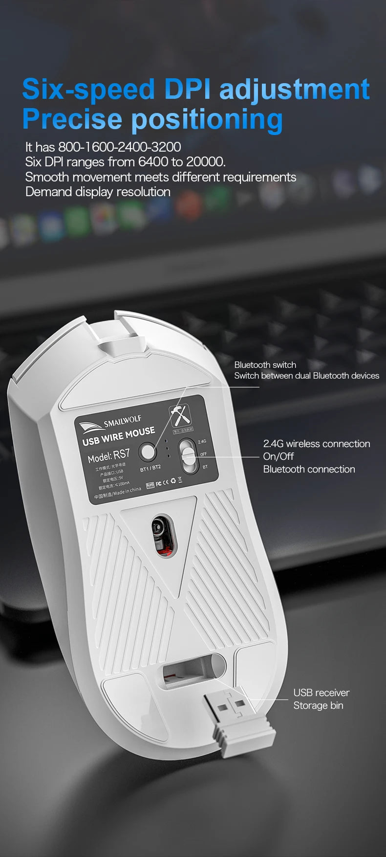 Souris gaming sans fil RS7 – Bluetooth, rechargeable et haute précision