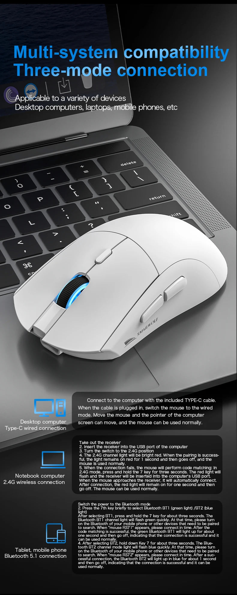Souris gaming sans fil RS7 – Bluetooth, rechargeable et haute précision