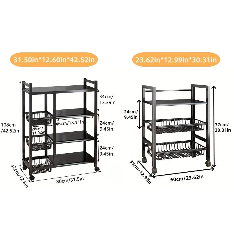 Étagère de rangement mobile 4 niveaux avec 3 paniers – Cuisine et maison
